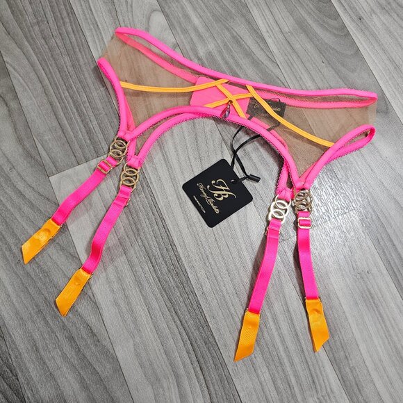 NWT Honey Birdette Saskia Pink and Mango Suspender Garter Belt Size M